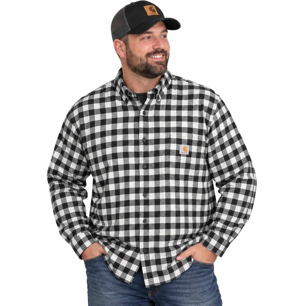 Carhartt Mens Flannel Button Down Shirt Black White Plaid Relaxed Fit Workwear